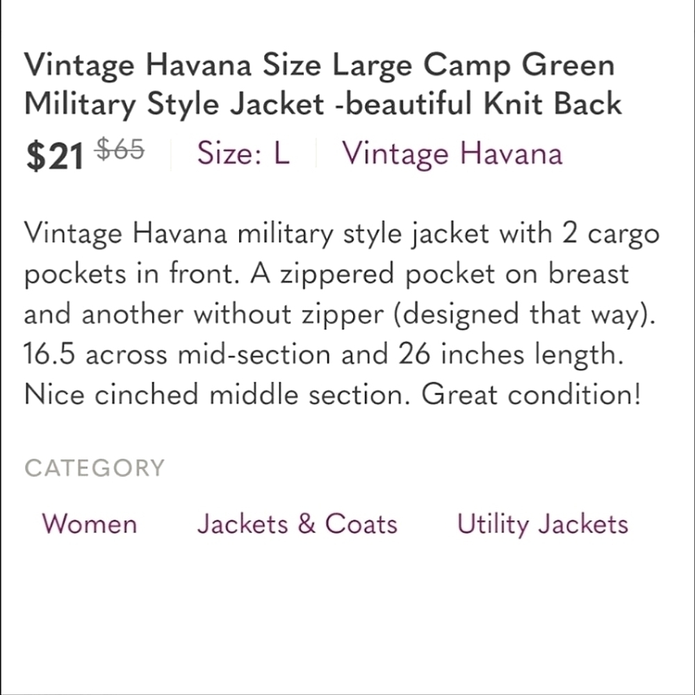 Vintage Havana Size Medium Camp Green Military Style Jacket - Beautifu Knit Back - Picture 12 of 15